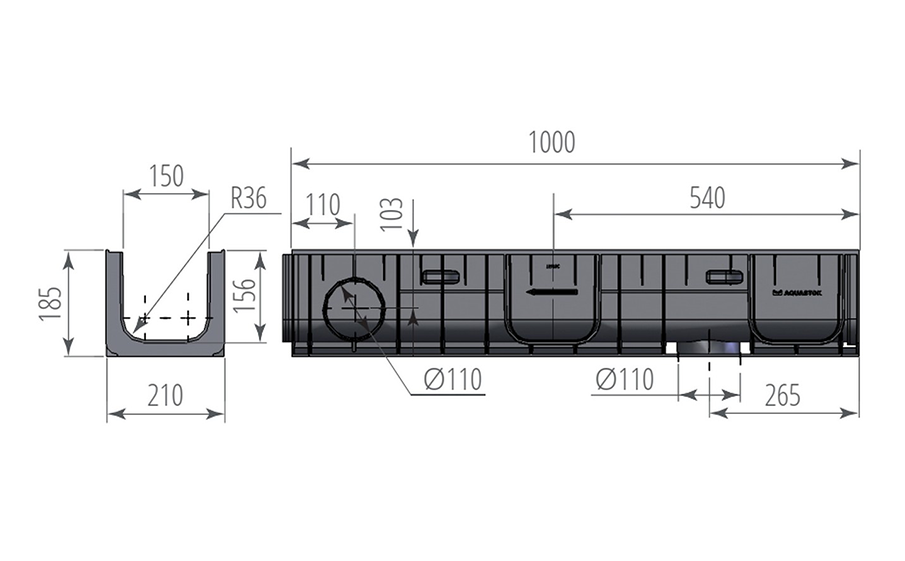 Лоток водоотводный пластиковый AQUASTOK Norma DN150 H185 класс A15-C250