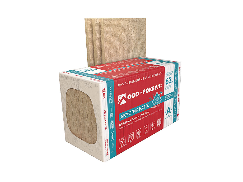 Утеплитель РОКВУЛ АКУСТИК БАТТС, 5 шт/уп, 1000*600*100 мм