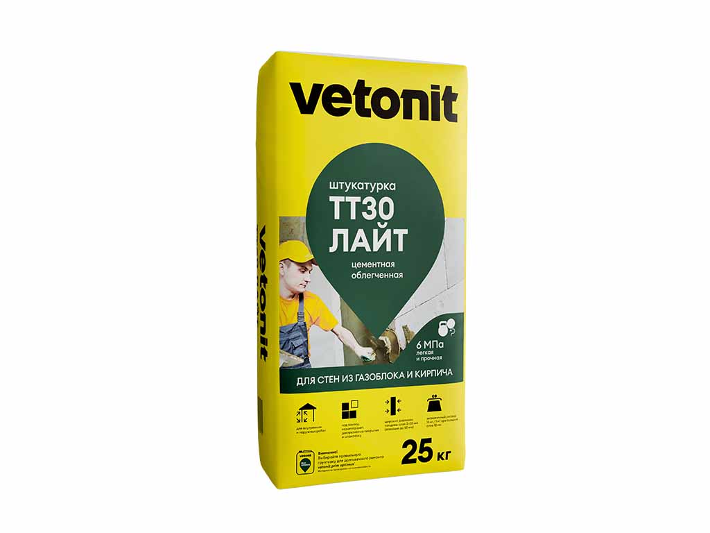 Штукатурка цементная vetonit ТТ30 лайт, серый, 25 кг