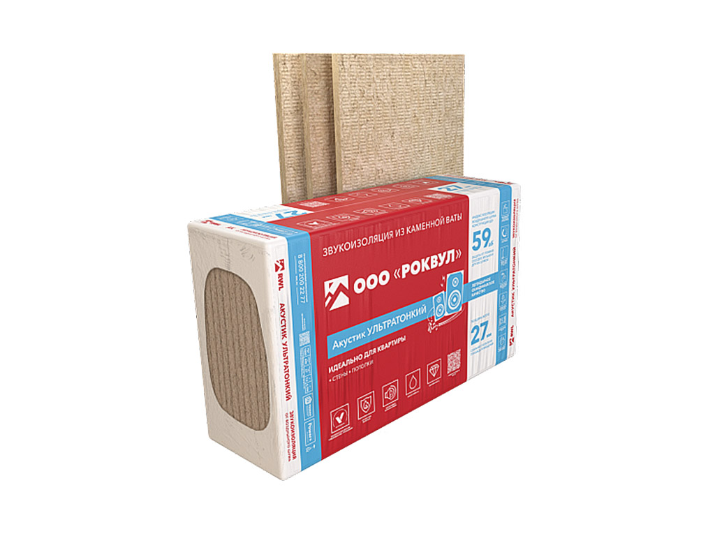 Утеплитель РОКВУЛ АКУСТИК БАТТС Ультратонкий, 12 шт/уп, 1000*600*27 мм