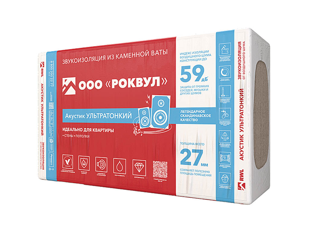 Утеплитель РОКВУЛ АКУСТИК БАТТС Ультратонкий, 12 шт/уп, 1000*600*27 мм