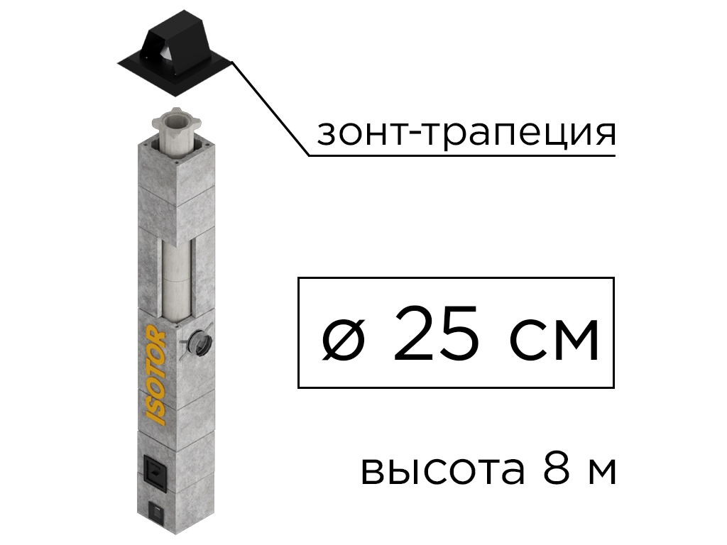 Дымоходная система ISOTOR 25 верхний комплект зонт-трапеция, D 250 мм, высота 8 м