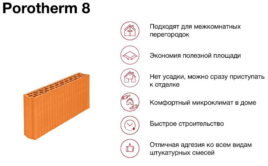 Керамический блок Porotherm 8 М75 4,5 НФ, 500*80*219 мм