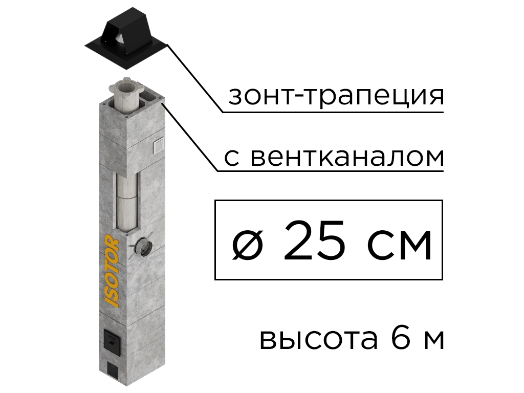 Дымоходная система ISOTOR 25 с вентканалом верхний комплект зонт-трапеция, D 250 мм, высота 6 м