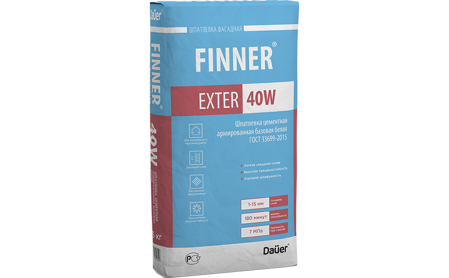 Шпатлевка цементная армированная базовая Dauer FINNER EXTER 40 W, белая, 25 кг
