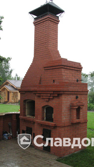 Уличная печь с грилем с облицовкой полнотелым кирпичом КС-Керамик Красный