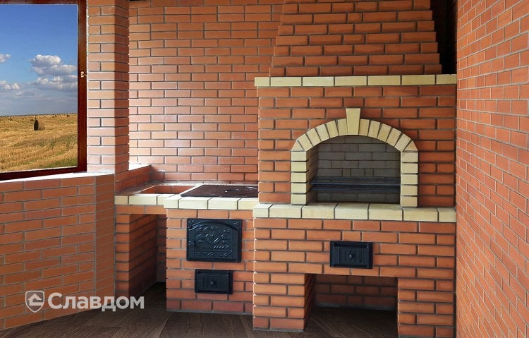 Камин с облицовкой полнотелым кирпичом КС-Керамик Красный