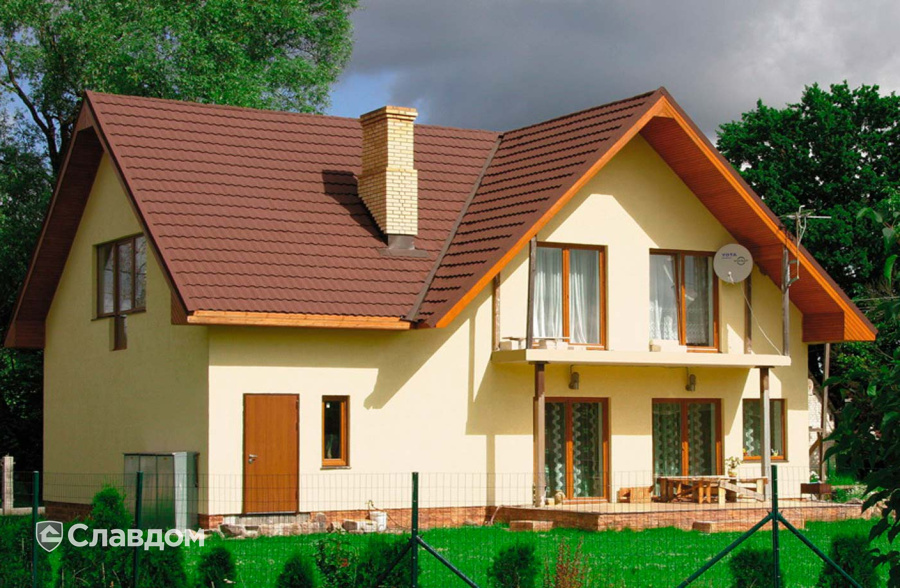 Дачный дом с покрытием крыши из композитной черепицы METROTILE МетроБонд кофе