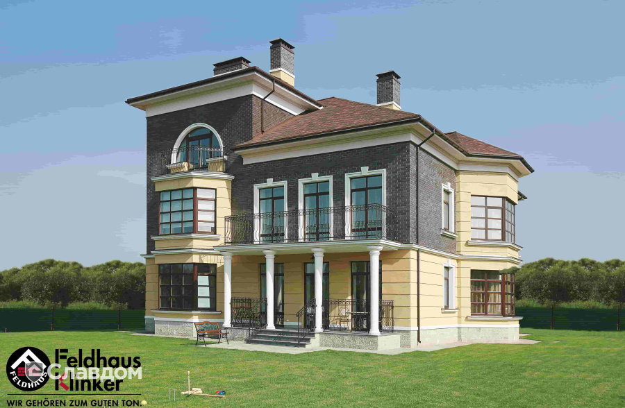 Частный дом с облицовочным кирпичом Feldhaus Klinker 388 cerasi ferrum liso