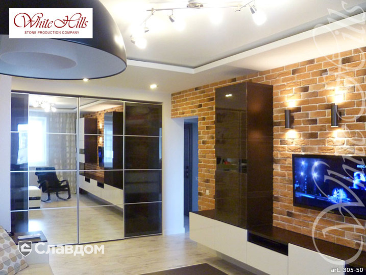 Гостиная с применением облицовочного камня White Hills Бремен Брик 305-50