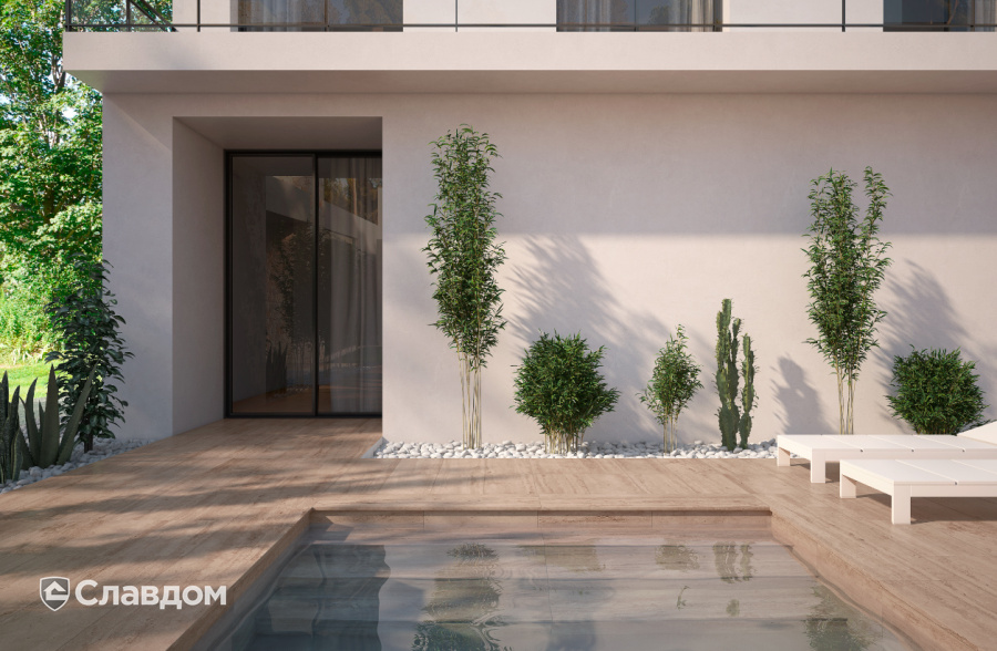 Территория у бассейна с применением клинкерной плитки Gres Aragon Marble Travertino Beige