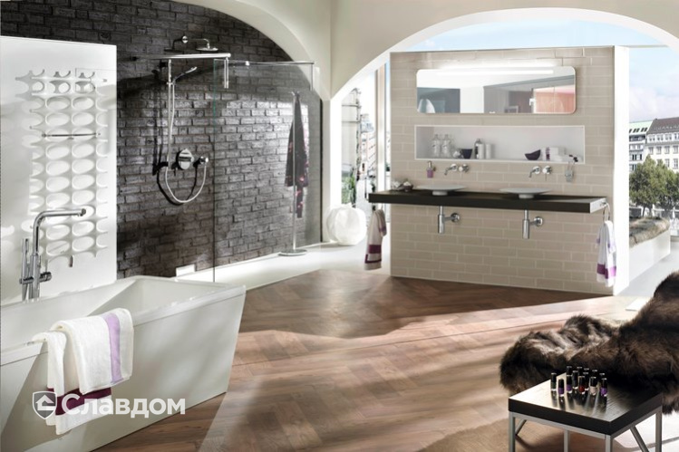 Интерьер ванной комнаты с облицовкой кирпичом Terca Helsinki