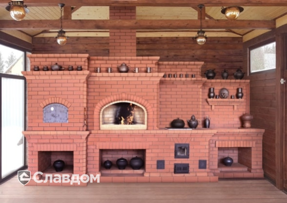 Печной комплекс с облицовкой полнотелым кирпичом КС-Керамик Красный