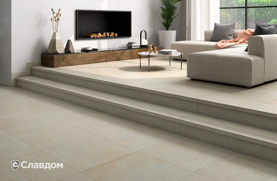 Интерьер гостиной с применением плитки Gres Aragon Urban Beige