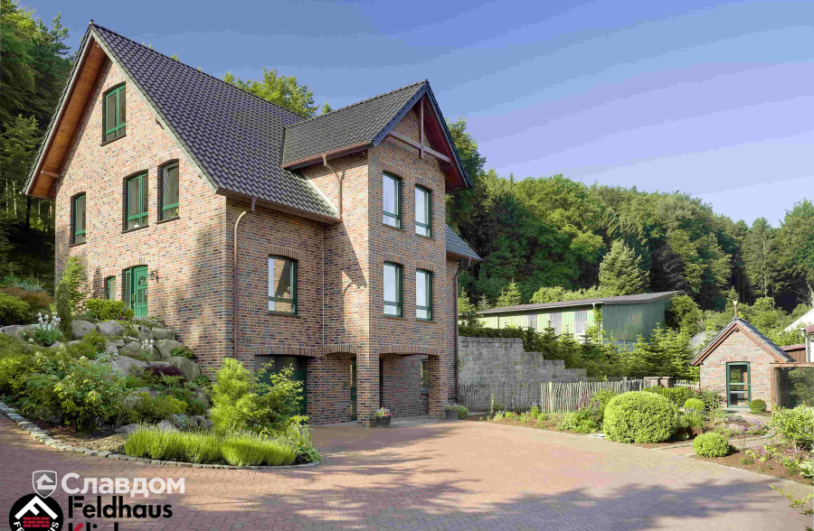 Загородный дом с облицовкой кирпичом Feldhaus Klinker 661 sintra lava maris