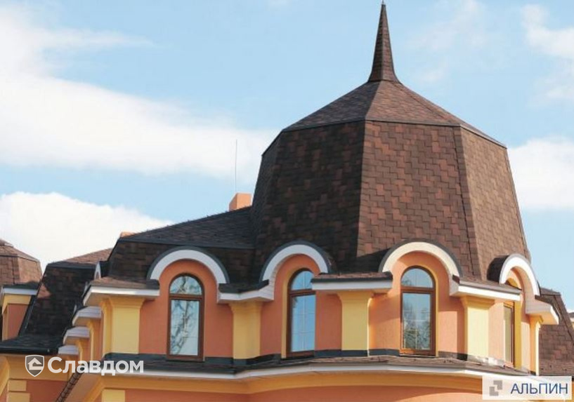 Жилой дом с крышей из мягкой черепицы TEGOLA Альпин Коричневый с отливом