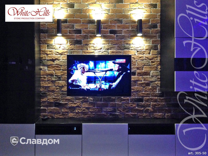 Гостиная с применением облицовочного камня White Hills Бремен Брик 305-50
