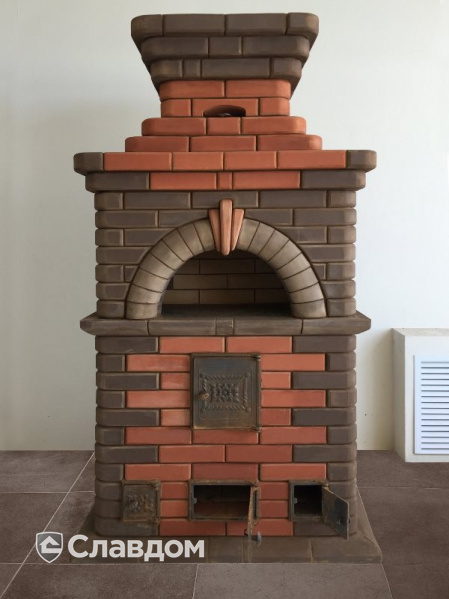 Печь с облицовкой полнотелым кирпичом КС-Керамик 1НФ Красный и Темный шоколад