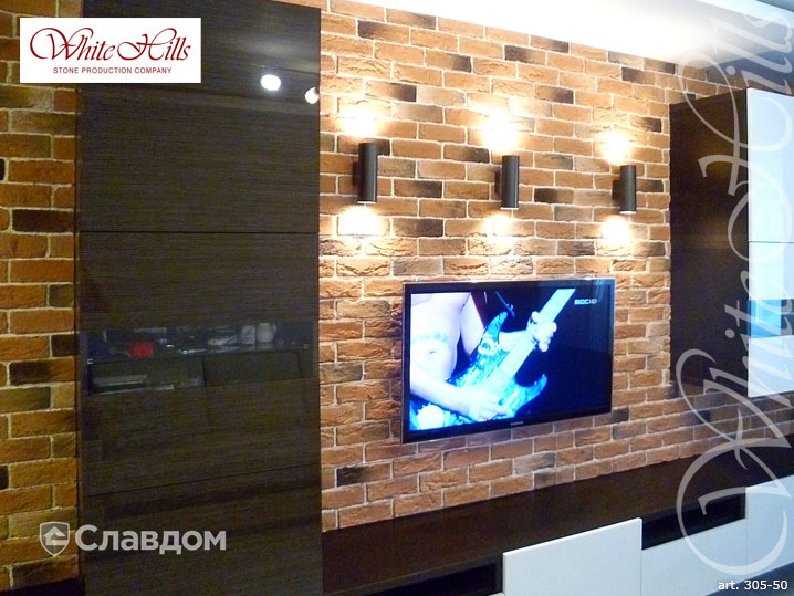 Гостиная с применением облицовочного камня White Hills Бремен Брик 305-50