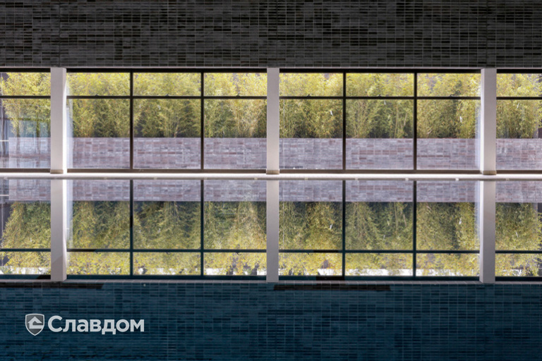 Здание бассейна с облицовкой фасадной плиткой Stroeher Keravette Chromatic 336 metallic black