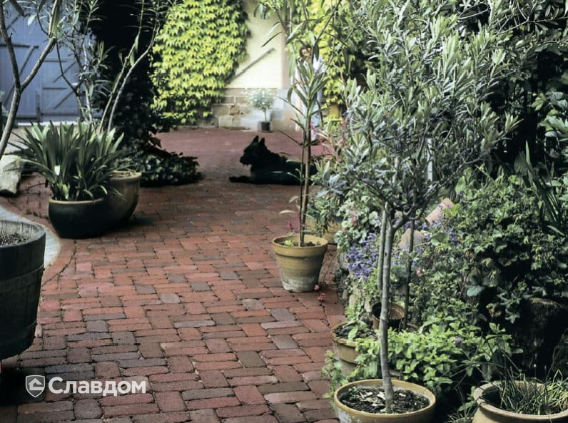 Территория частного дома с применением брусчатки Penter Retro rotblaubunt