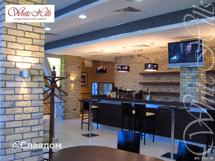 Гостиная с применением облицовочного камня White Hills Бремен Брик 305-30