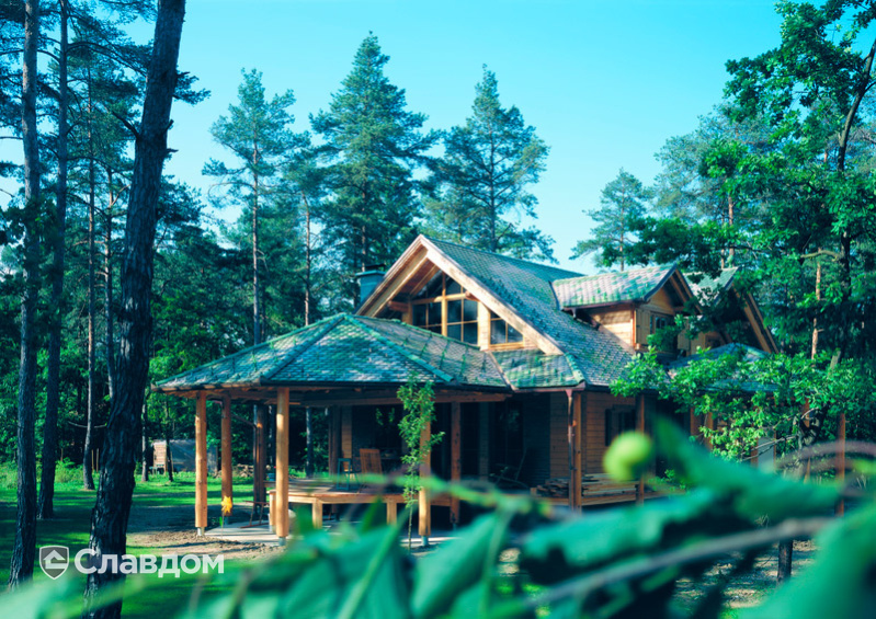 Домик в лесу с крышей из черепицы Creaton Biber Klassik Grun Glasiert.