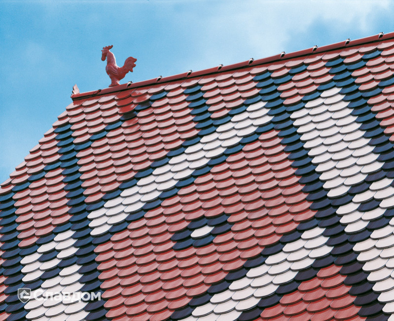 Крыша с узором из черепицы Creaton Biber Klassik Rot Glasiert и Schwarz Glasiert