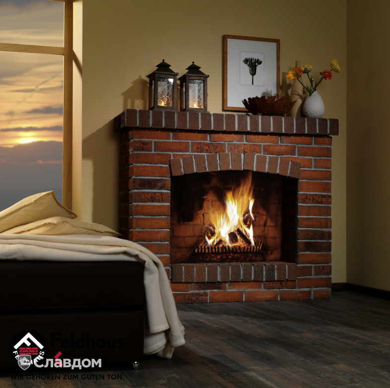Облицовка камина фасадной плиткой Feldhaus Klinker 687 sintra terracotta linguro